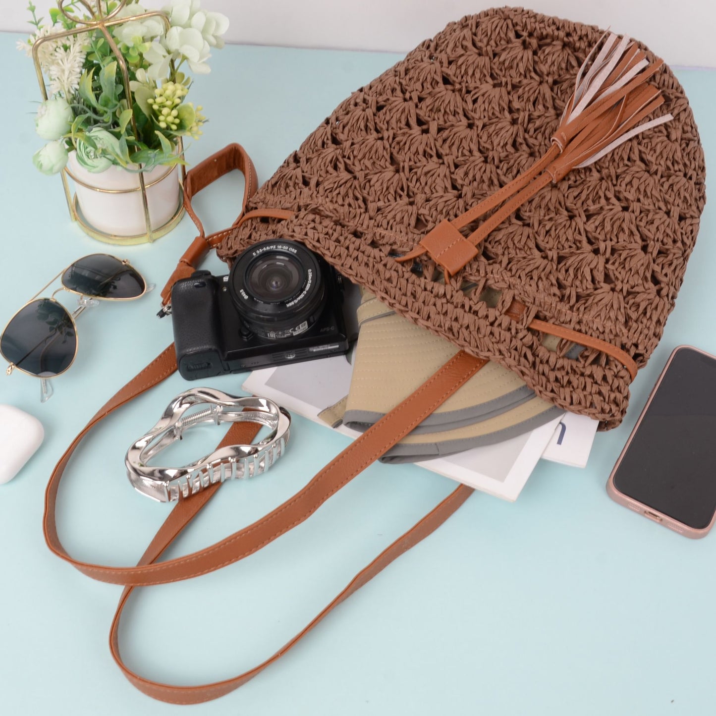 Anna-Kaci Women's Rustic Straw Shoulder Bag with Leather Accents