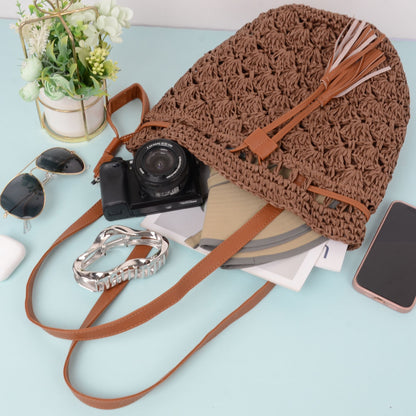 Anna-Kaci Women's Rustic Straw Shoulder Bag with Leather Accents