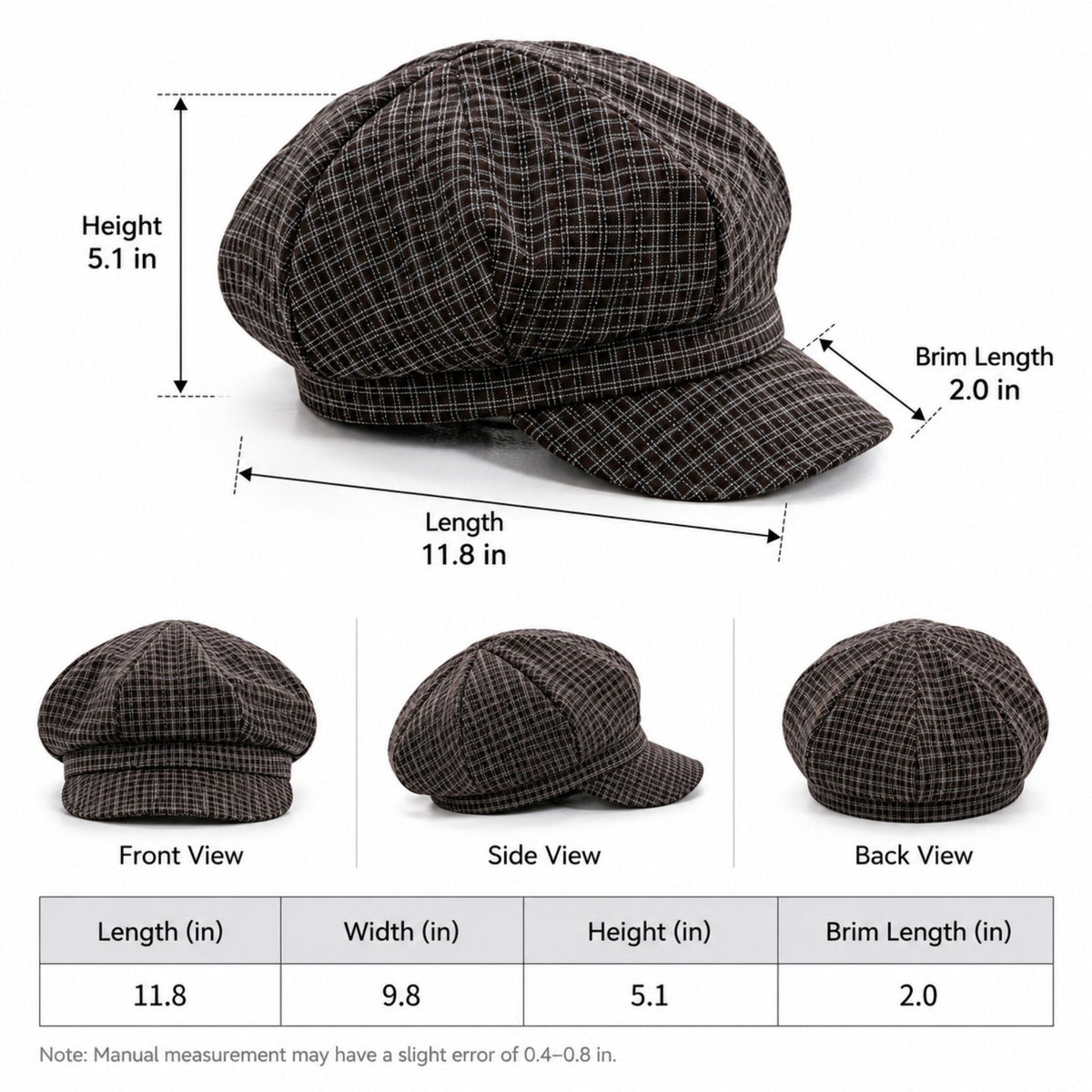Plaid Newsboy Cap with Paneled Crown and Short Brim