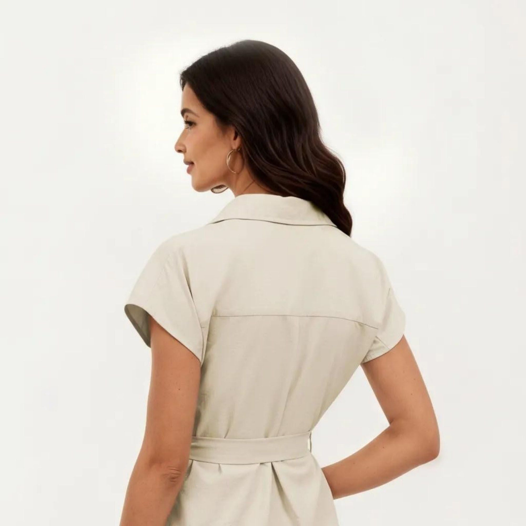 Anna-Kaci Women's Short Sleeve Button Front Shirt Dress with Collared Neckline and Adjustable Waist Tie