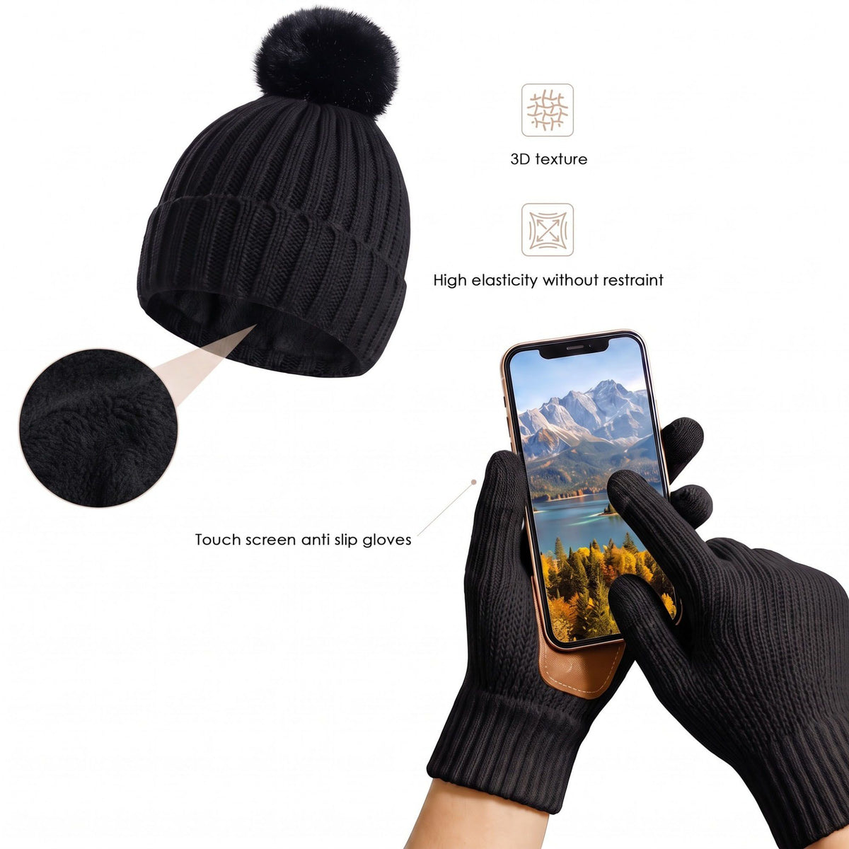 3 Piece Pom Beanie Scarf and Touchscreen Gloves Winter Set