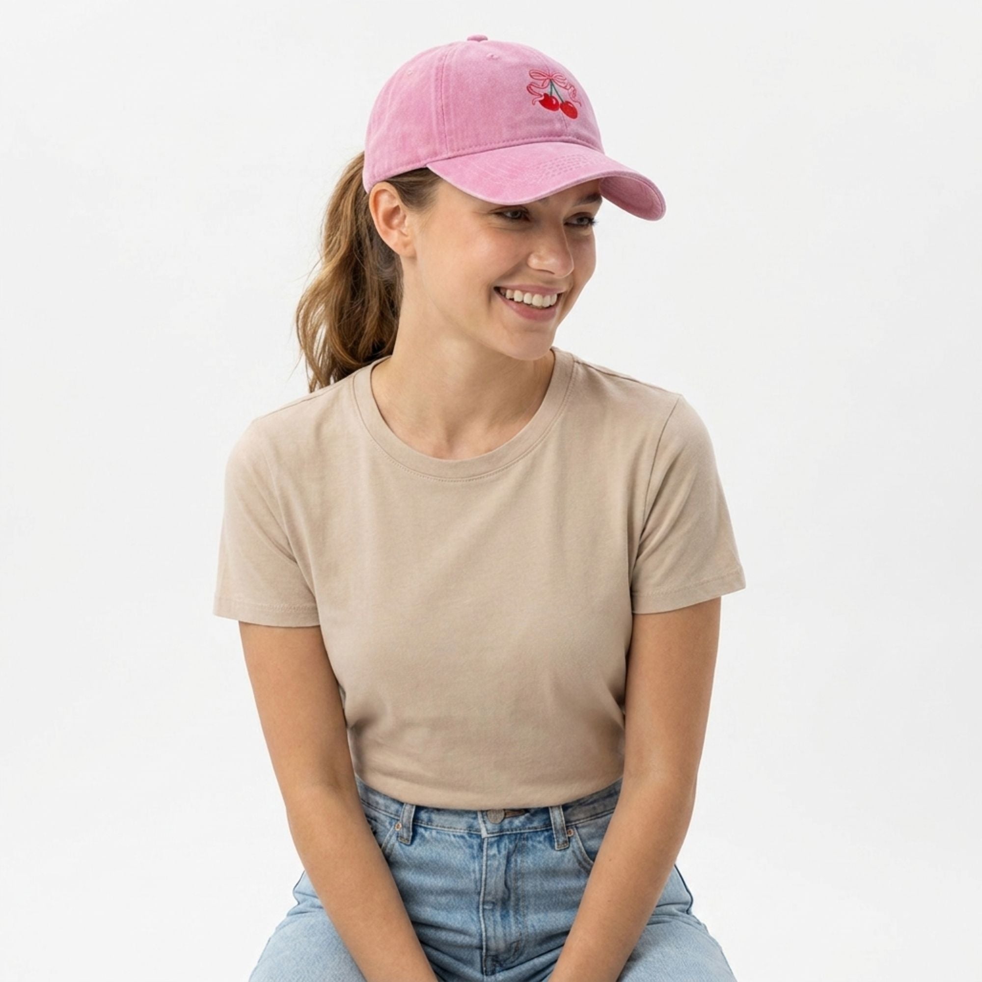 Washed Cotton Baseball Cap Cherry Bow Embroidered Adjustable Dad Hat