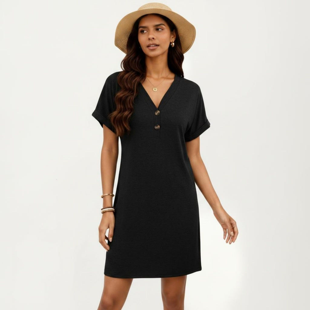 Anna-Kaci Women's Short Sleeve V Neck Shift Dress with Button Detail Relaxed Fit Casual Tunic Dress