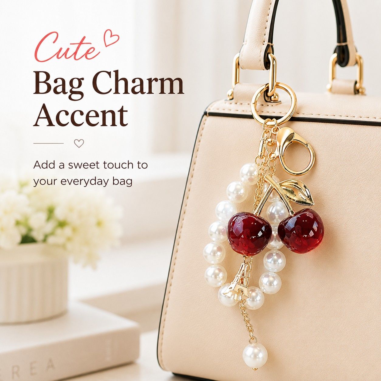 Cherry Bag Charm Keychain with Faux Pearl Loop and Gold-Tone Clips