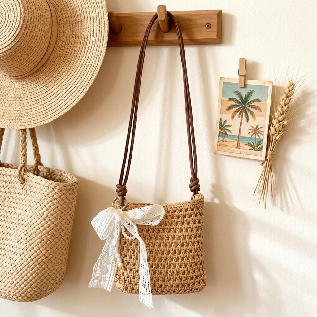 Crochet Crossbody Bag with Lace Bow Detail Lightweight Knit Shoulder Bag Small Casual Handbag
