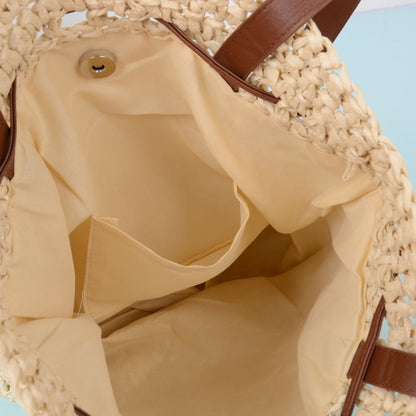 Anna-Kaci Women's Rustic Straw Shoulder Bag with Leather Accents