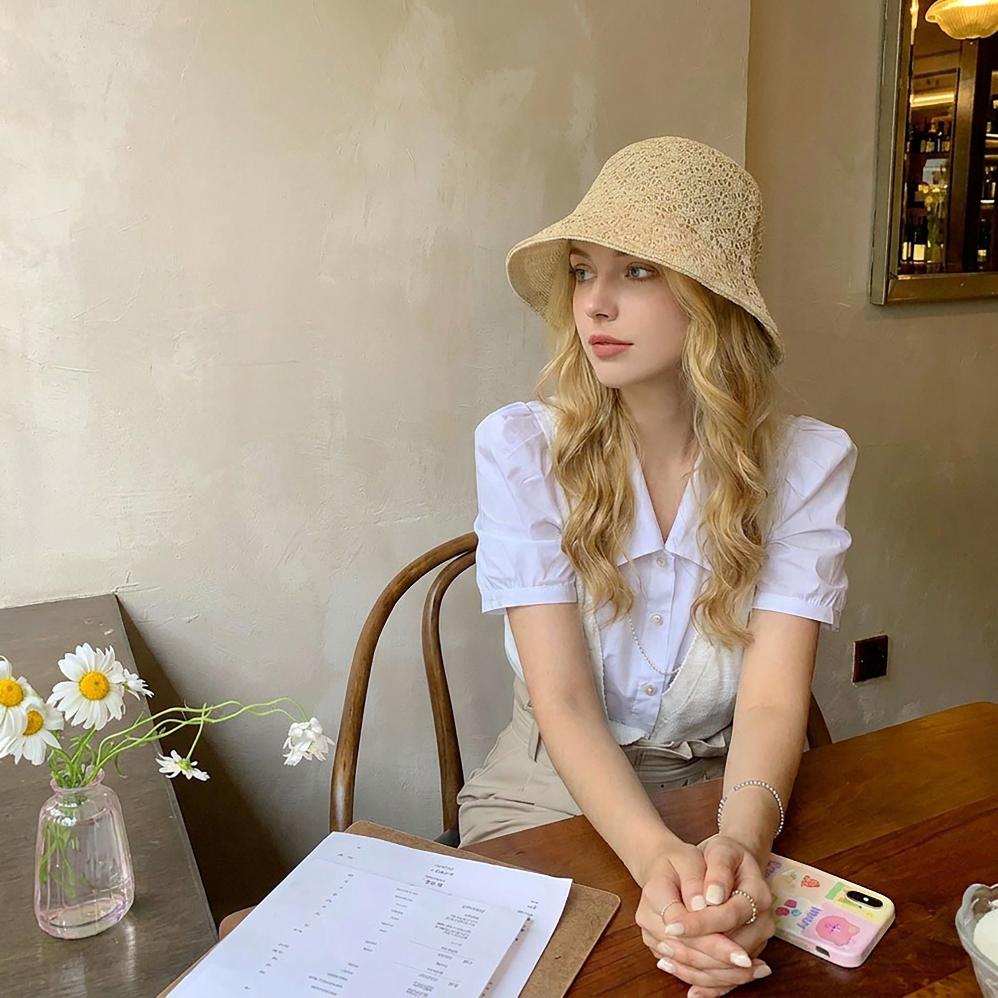 Crochet Bucket Sun Hat with Open Weave Texture and Flexible Brim Design