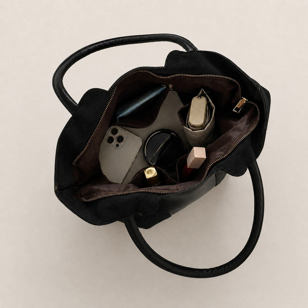 Faux Suede Tote Bag with Double Shoulder Handles Zip Closure and Interior Pockets