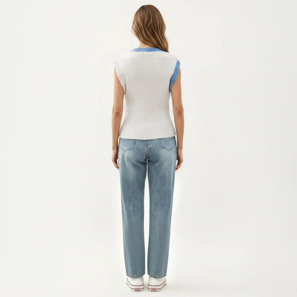 Anna-Kaci Women's Sleeveless Colorblock Knit Vest with Button Front and Ribbed Trim