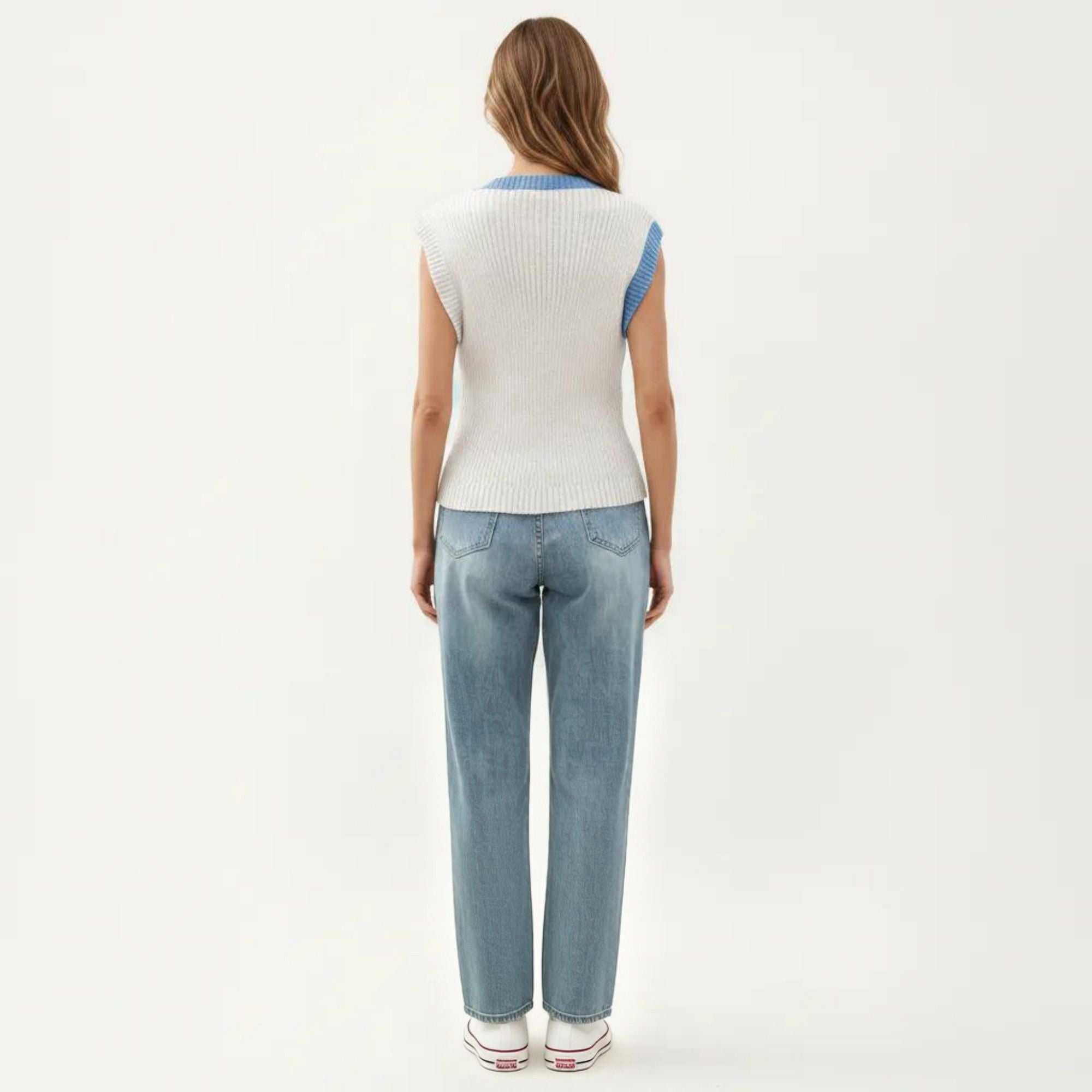 Anna-Kaci Women's Sleeveless Colorblock Knit Vest with Button Front and Ribbed Trim