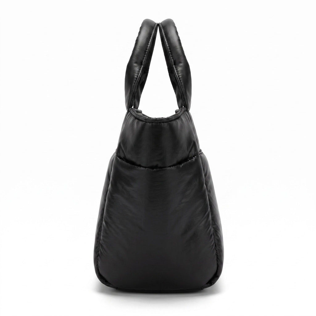 Padded Puffer Tote Bag with Rounded Top Handles and Exterior Front Pocket 13x6.5x4in