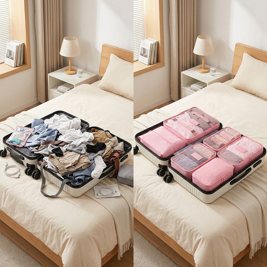 Travel Packing Organizer Set with Mesh Cubes Drawstring Bag Zipper Pouch Lightweight Storage Set