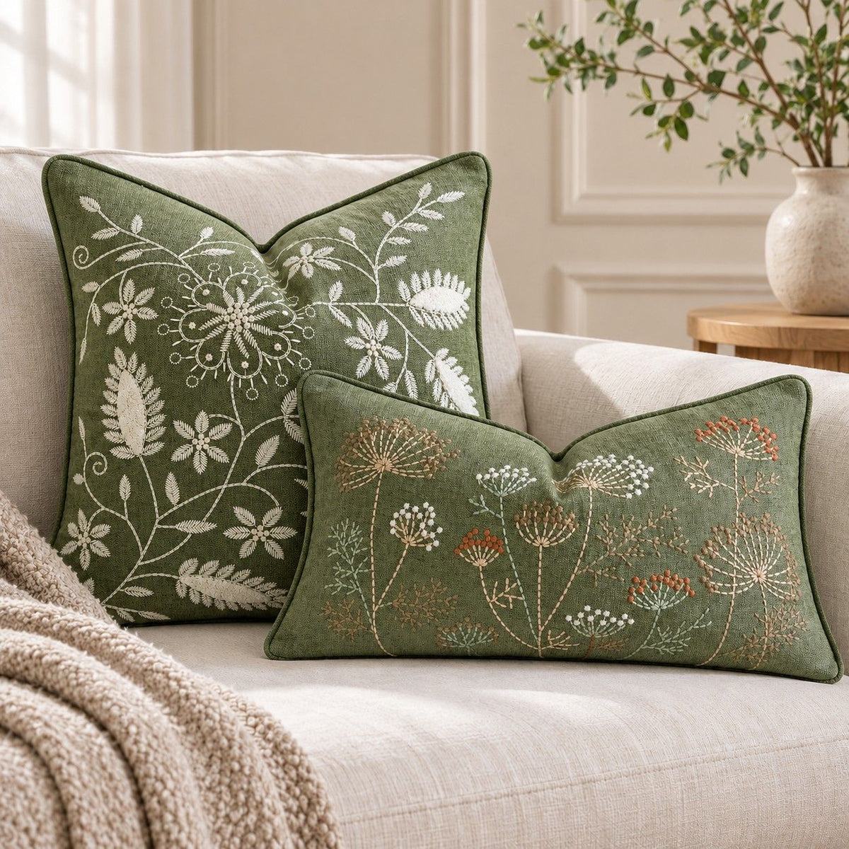 2 Pack Embroidered Floral Throw Pillow Covers 18 x 18 and 12 x 20 Inch