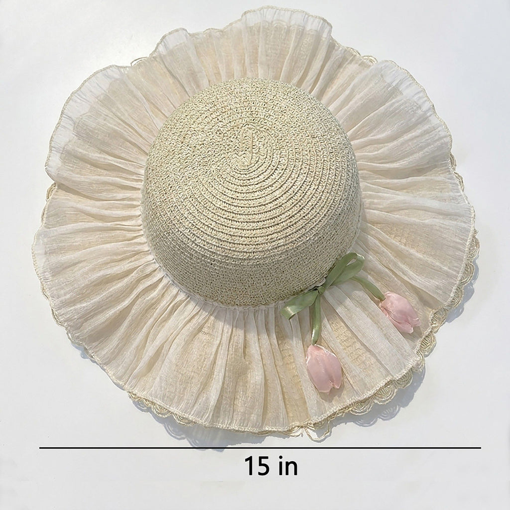 Wide Brim Straw Sun Hat with Pleated Sheer Brim Bow Accent and Floral Trim