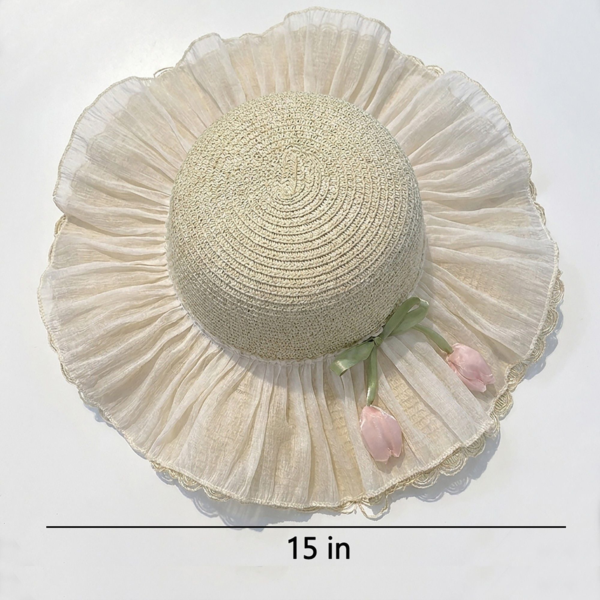 Wide Brim Straw Sun Hat with Pleated Sheer Brim Bow Accent and Floral Trim