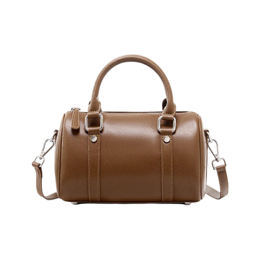 Structured Leather Barrel Satchel with Top Handles Compact Cylinder Shape and Crossbody Option