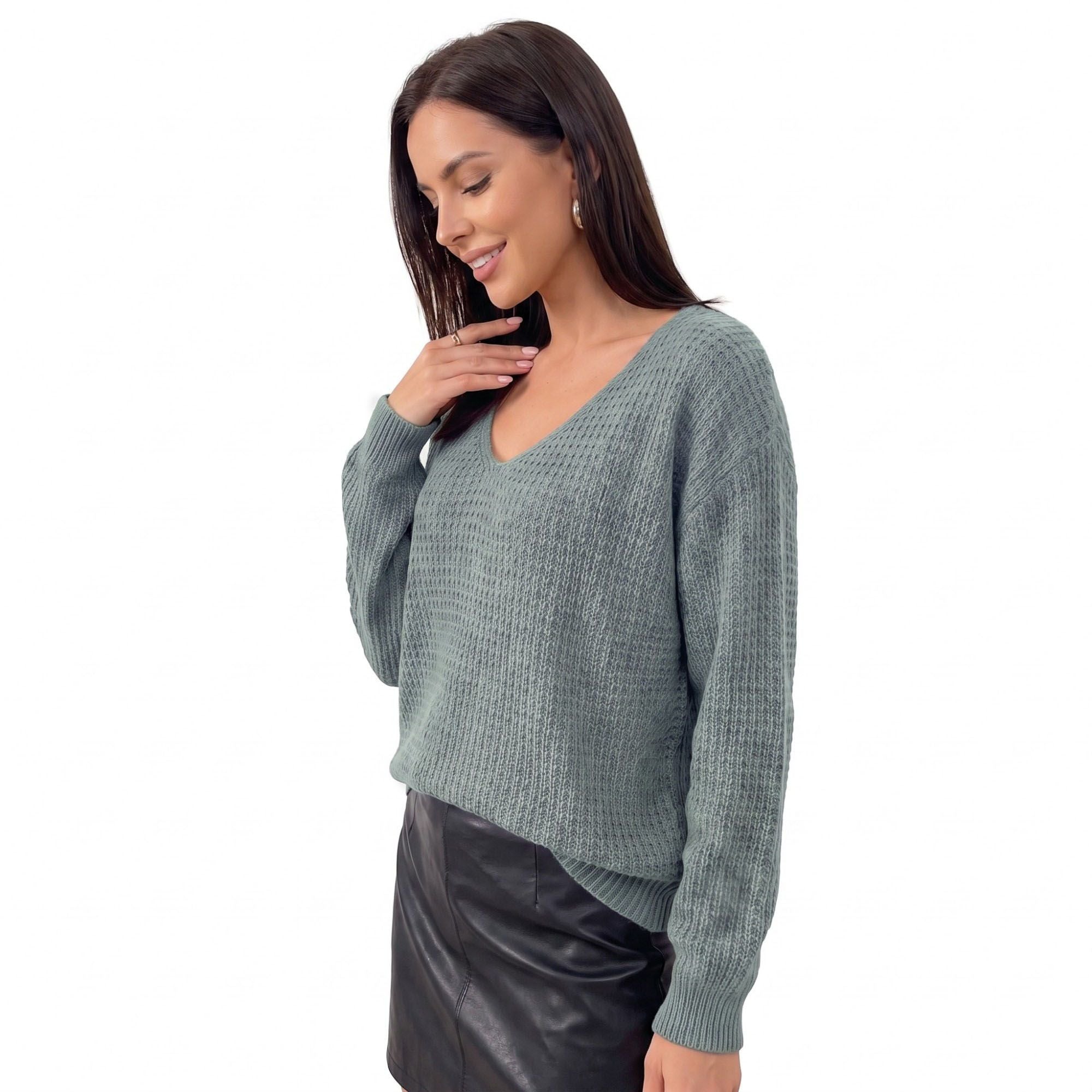 V-Neck Open-Back Tie Long Sleeve Knit Sweater