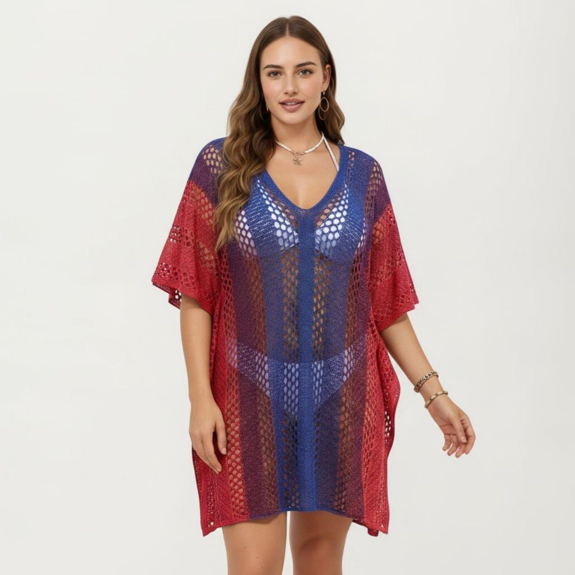 Anna-Kaci Women's Ombre Crochet Swim Cover Up Dress with Open Knit Mesh Design V Neck Short Sleeves Relaxed Fit