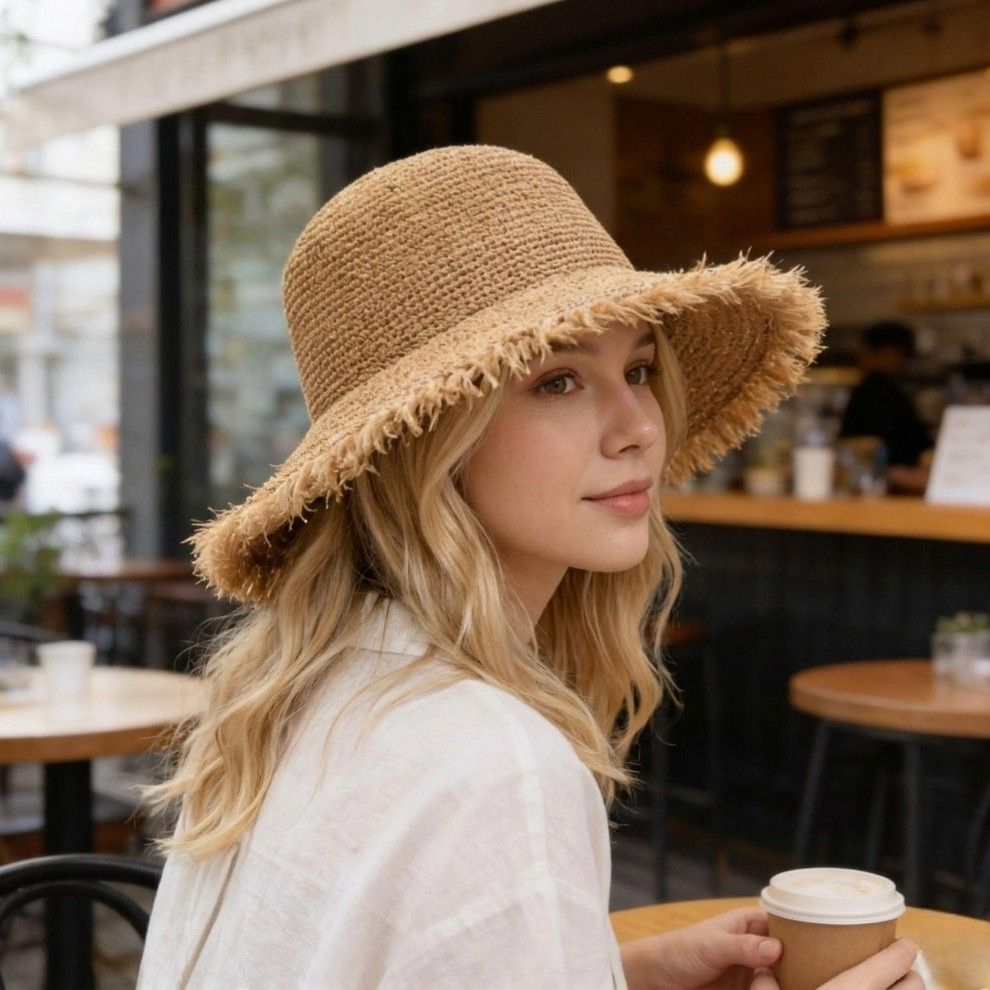 Straw Bucket Hat Frayed Edge Wide Brim Sun Hat Summer Beach UV Protection Cap