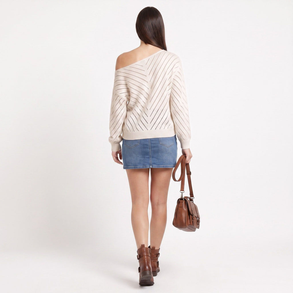 Chevron Pointelle V-Neck Long Sleeve Knit Sweater