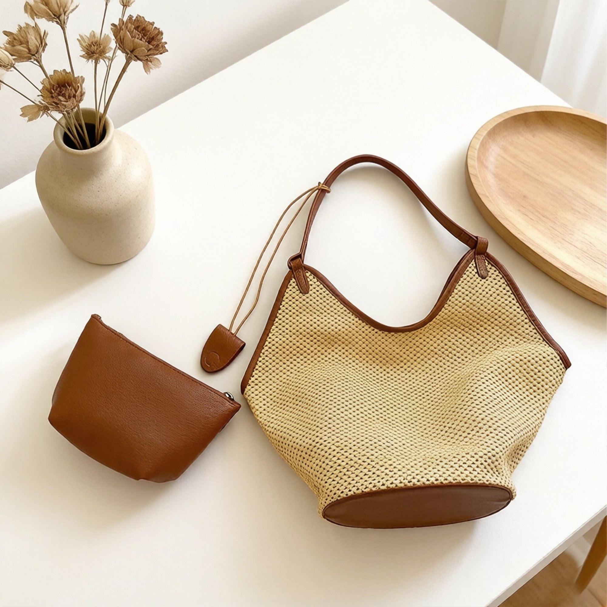 Woven Shoulder Bag with Faux Leather Trim Slouchy Hobo Handbag Lightweight Large Capacity Tote