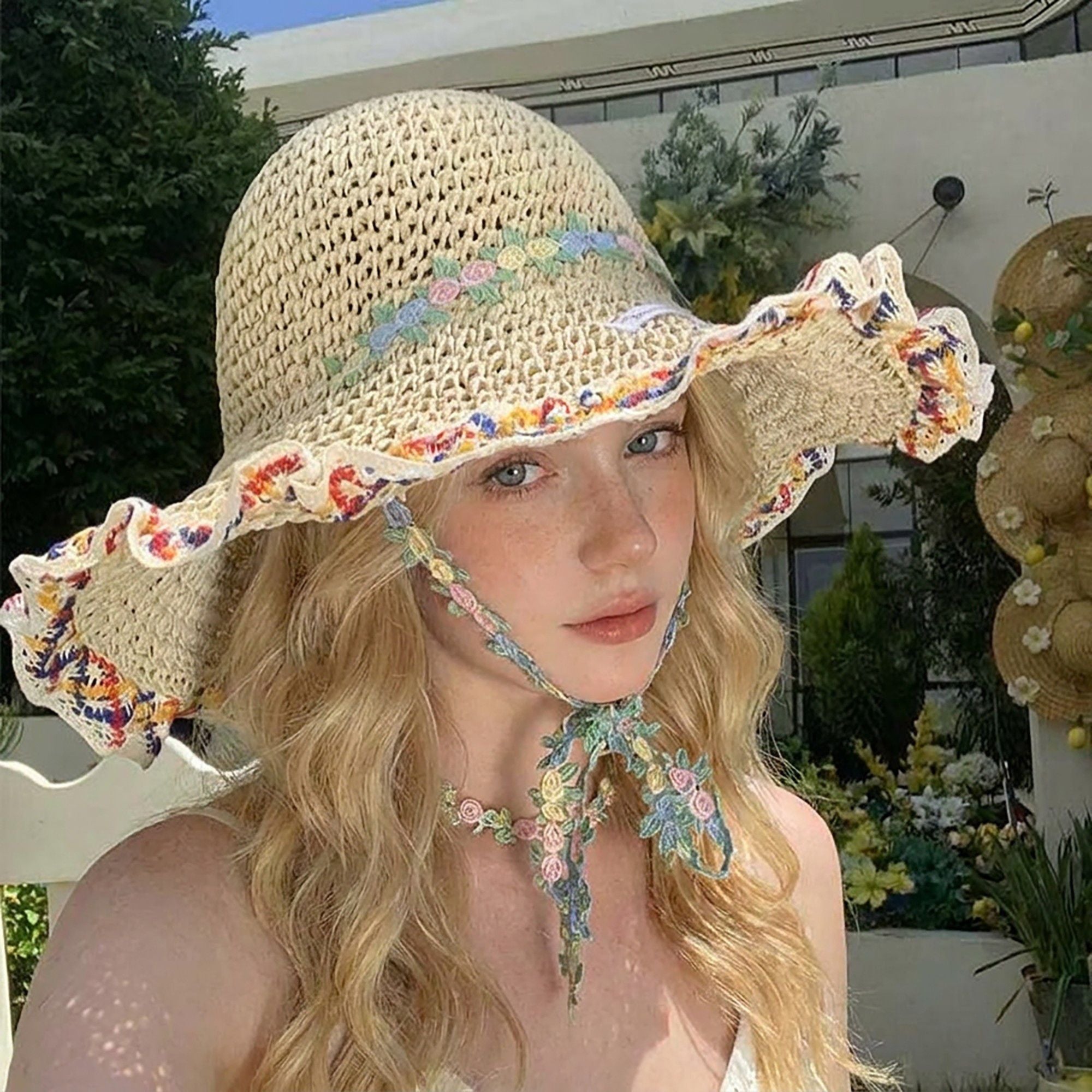 Crochet Wide Brim Sun Hat with Floral Trim Wavy Edge and Decorative Chin Strap