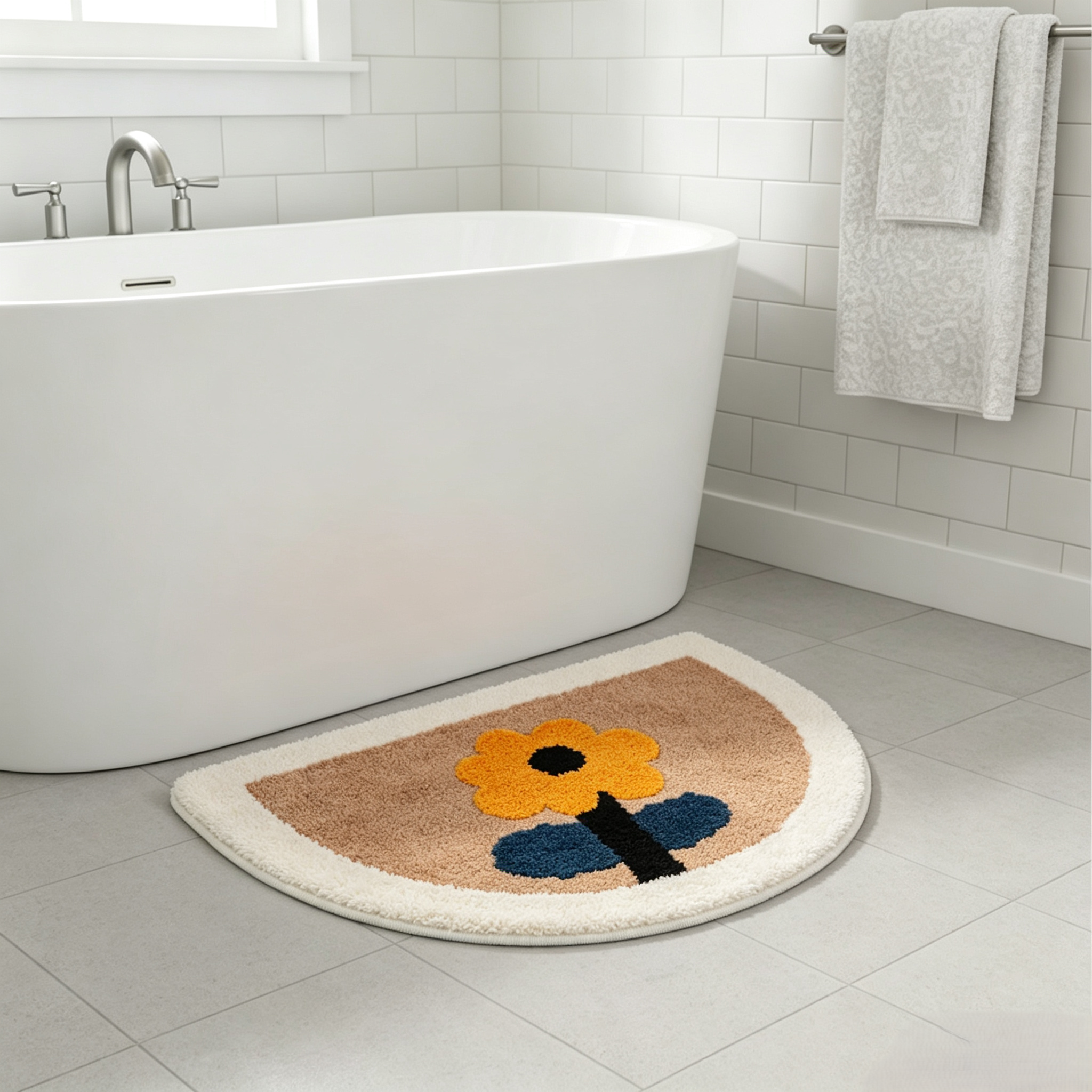 Sunflower Semicircular Bathroom Floor Mat Soft Water?Absorbent Rug with Anti?Slip Base