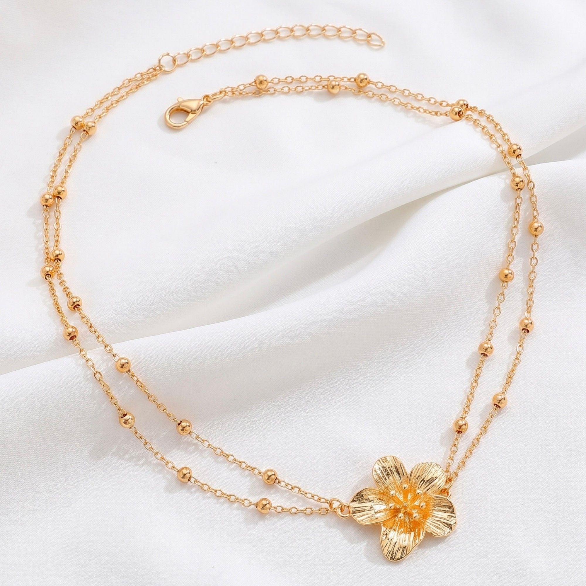 Single Floral Layered Beaded Metal Waist Chain Adjustable Minimalist Statement Waist Jewelry 43.3in