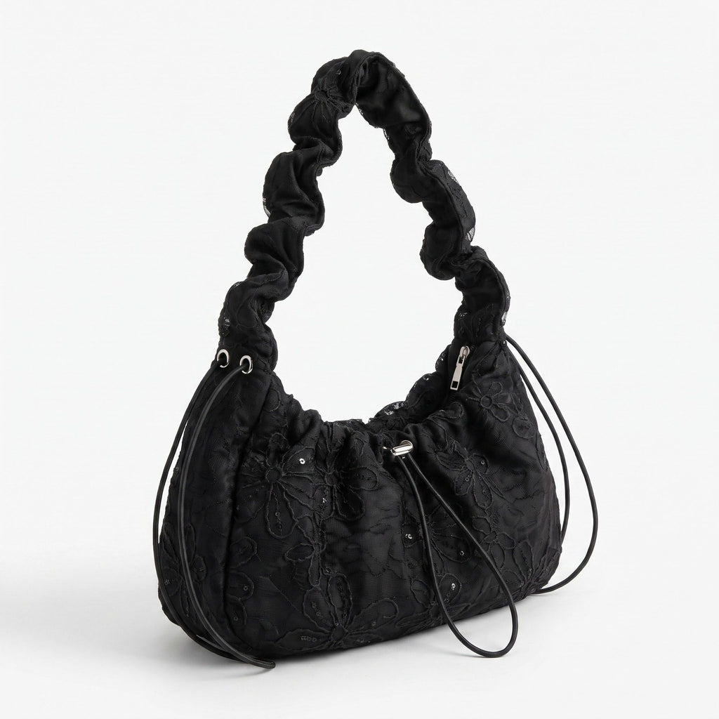 Floral Embroidered Ruched Shoulder Bag with Drawstring Closure 11x8.3x3in