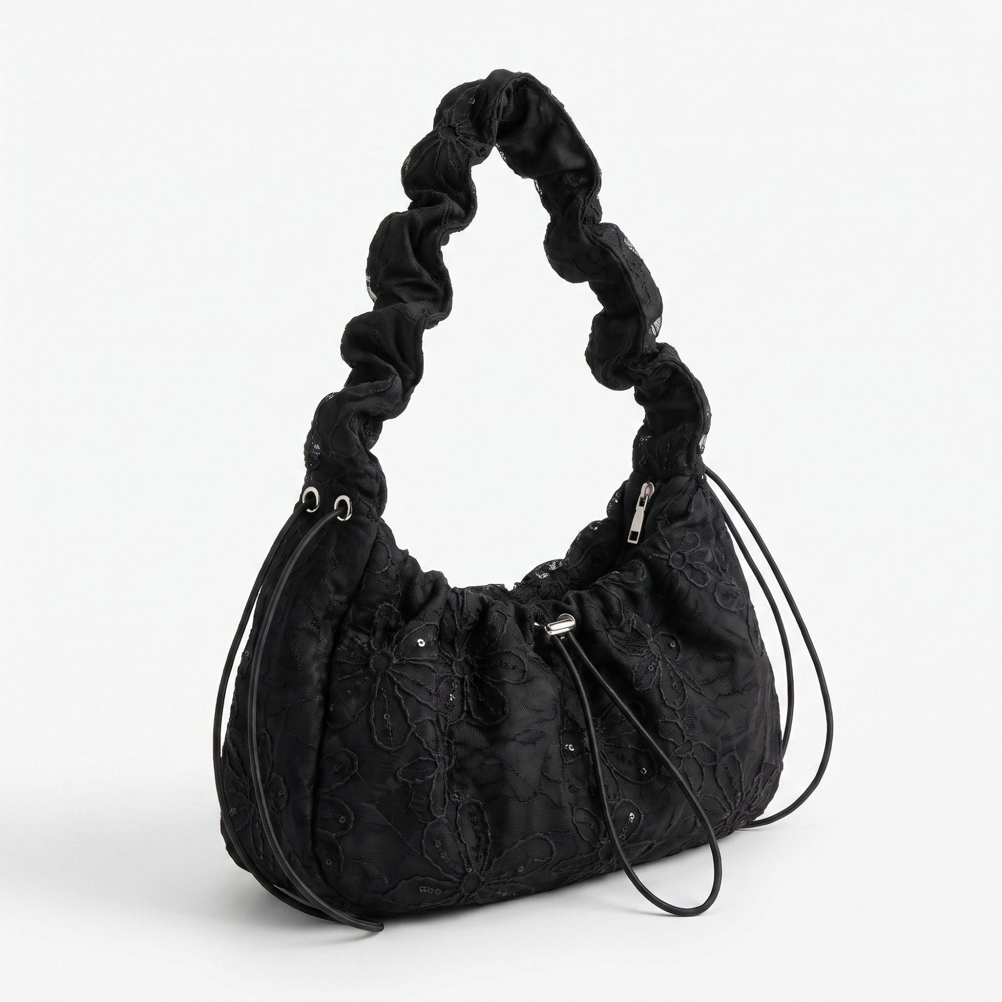 Floral Embroidered Ruched Shoulder Bag with Drawstring Closure 11x8.3x3in