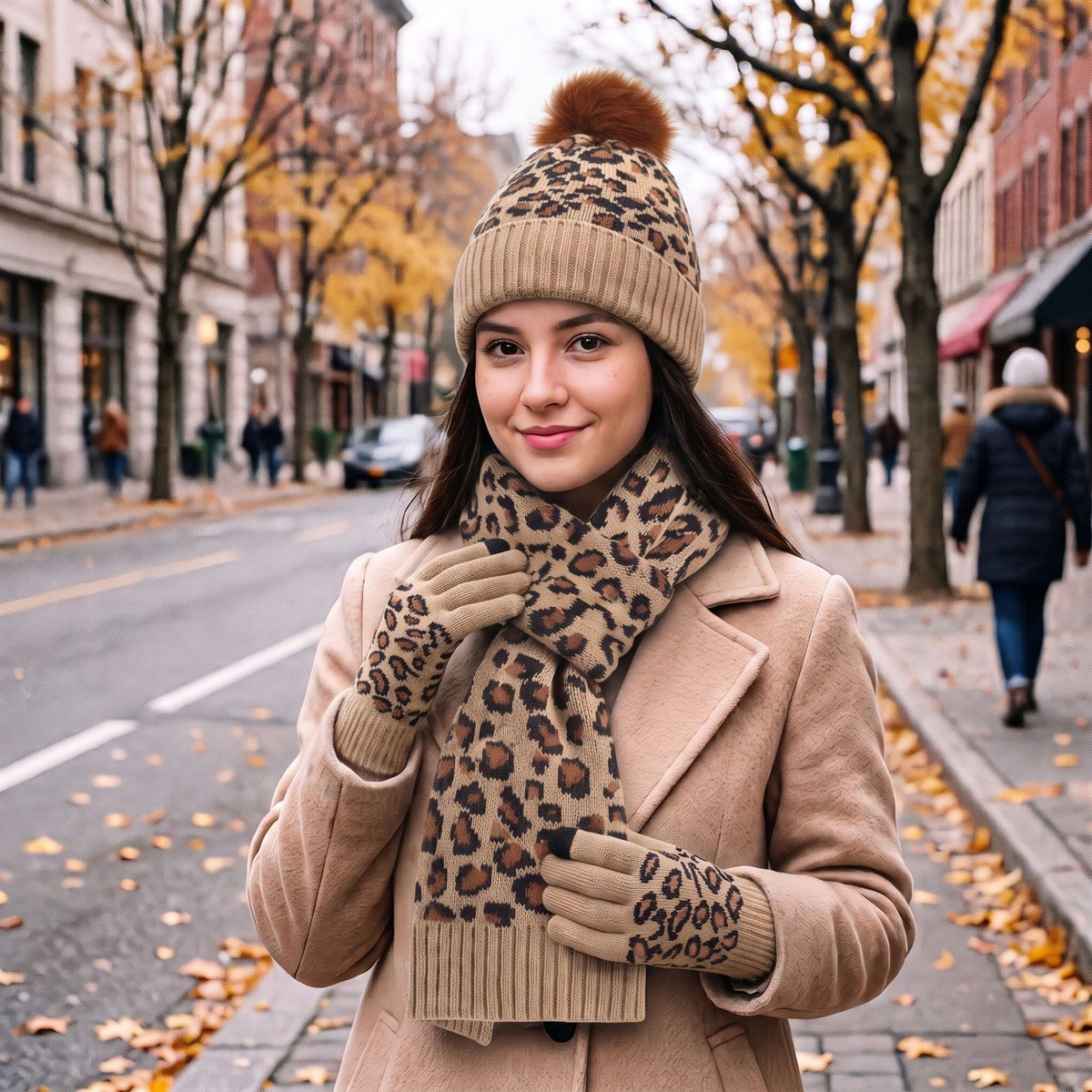 3 Piece Leopard Print Pom Beanie Scarf and Touchscreen Gloves Set