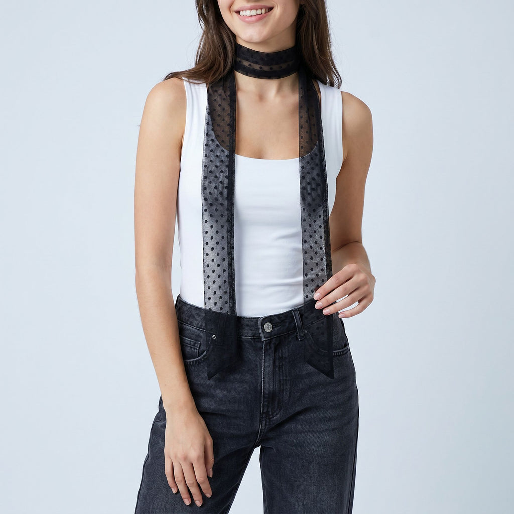 Sheer Skinny Scarf with Flocked Dot Texture and Long Neck Tie Design