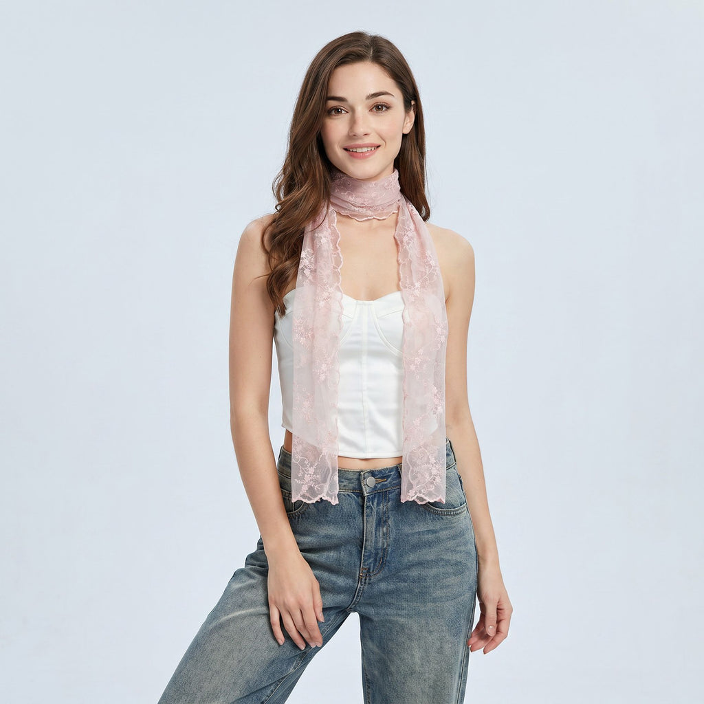 Sheer Embroidered Skinny Scarf with Floral Lace Trim and Long Neck Tie Design