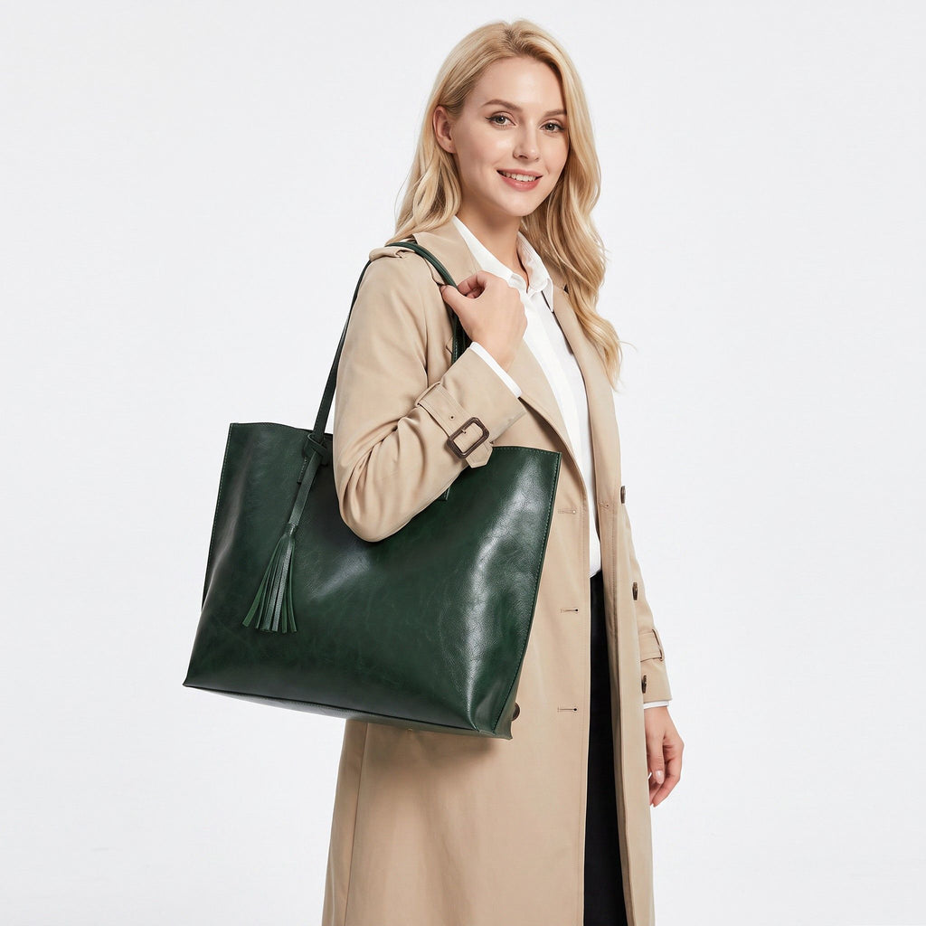 Large Faux Leather Shoulder Tote Bag with Tassel and Magnetic Snap Closure