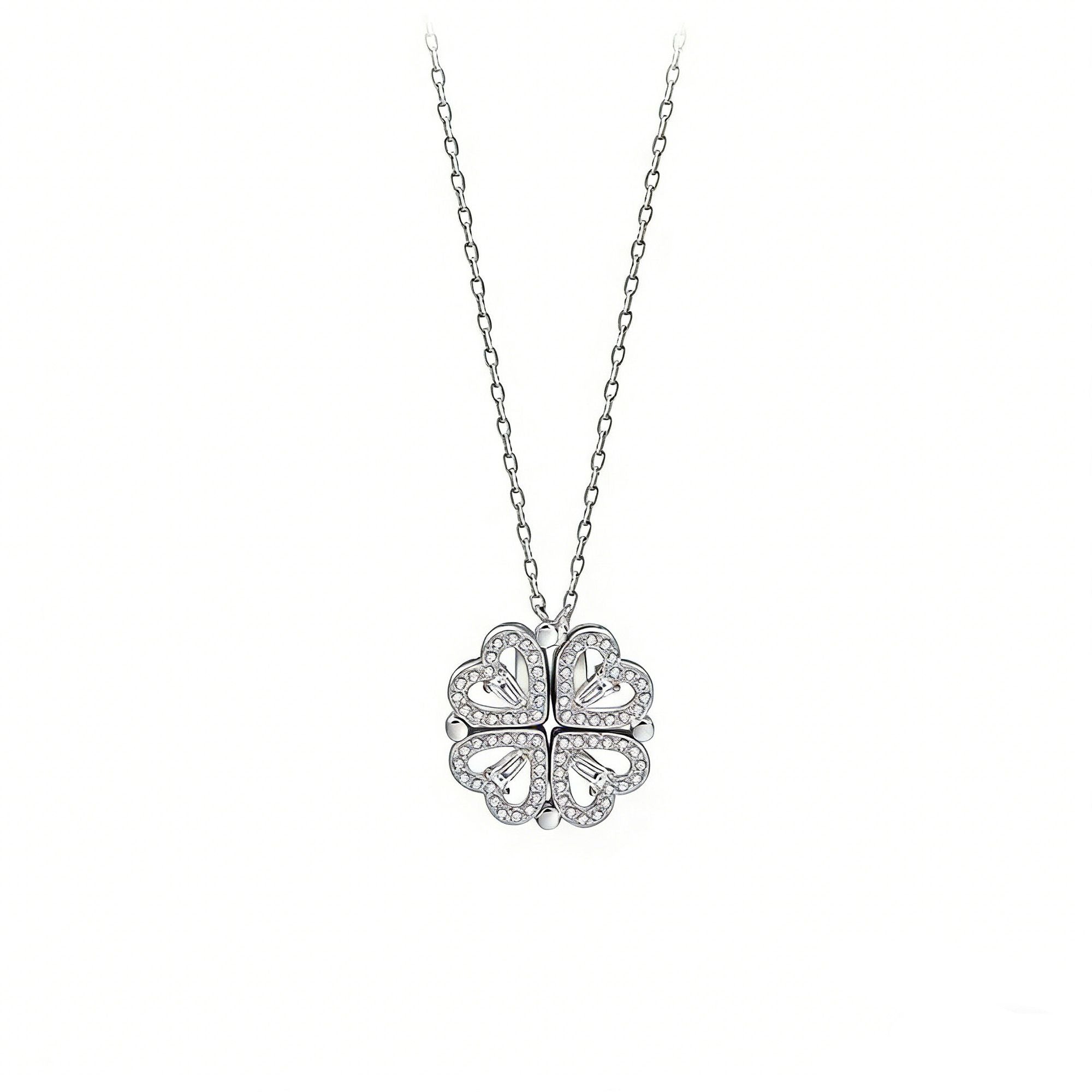 Crystal Heart Four-Leaf Clover Necklace with Matching Heart Chain Design