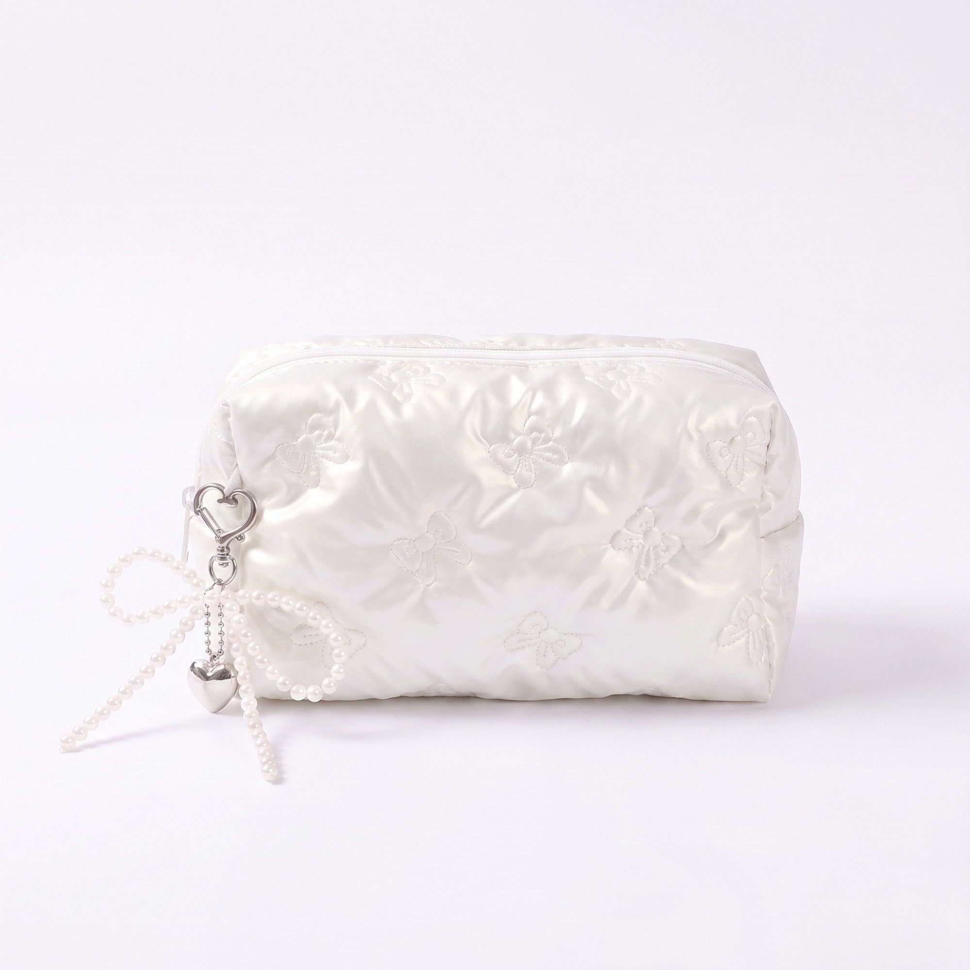 Bolsa de Maquillaje Acolchada con Lazo y Charm de Perla para Mujer