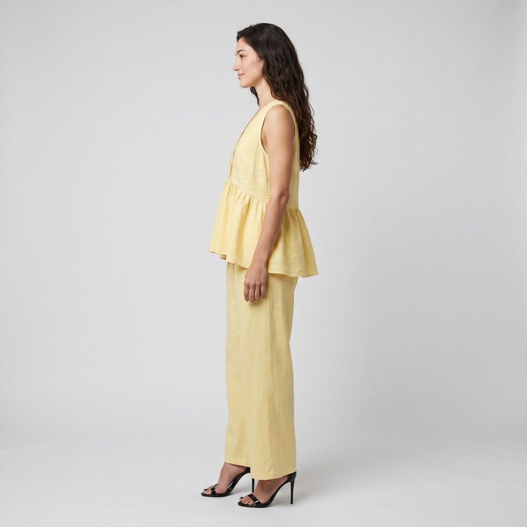 Anna-Kaci Womens 2-Piece Set Sleeveless V Neck Peplum Top and Matching Wide Leg Pants with Textured Woven Look