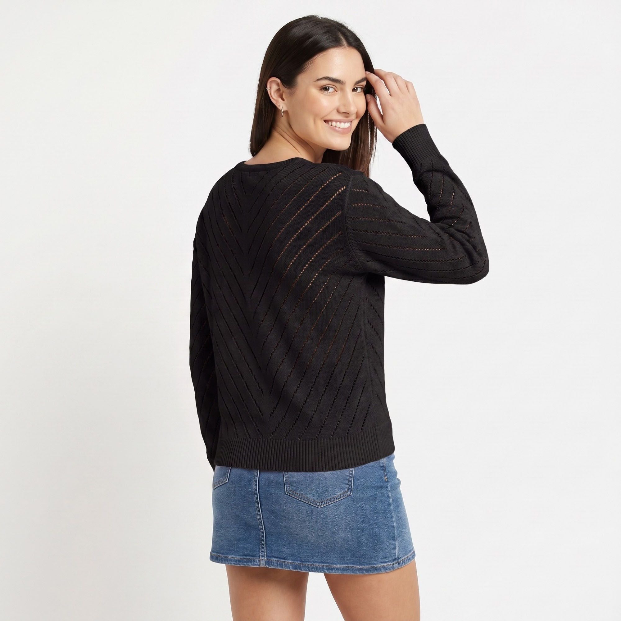 Chevron Pointelle V-Neck Long Sleeve Knit Sweater