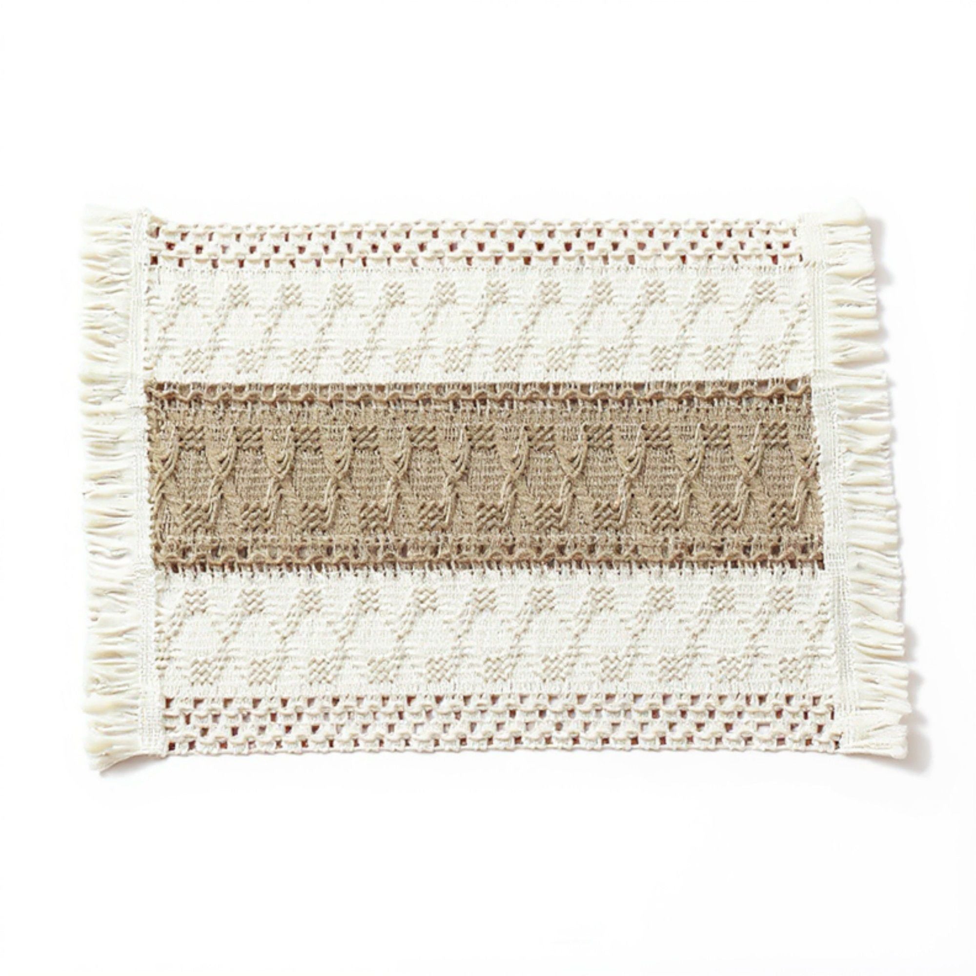 4 Set Woven Rectangular Placemats with Textured Stripes and Fringe Edges 11.8x19.5 in