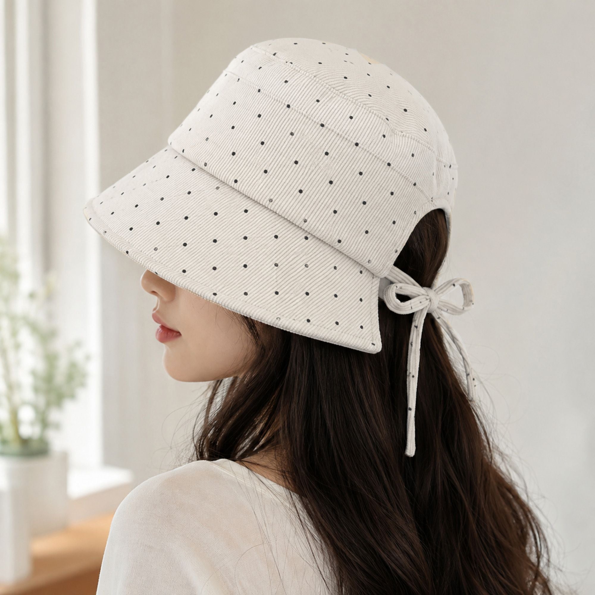 Polka Dot Corduroy Bucket Hat Wide Brim Tie Back Sun Hat