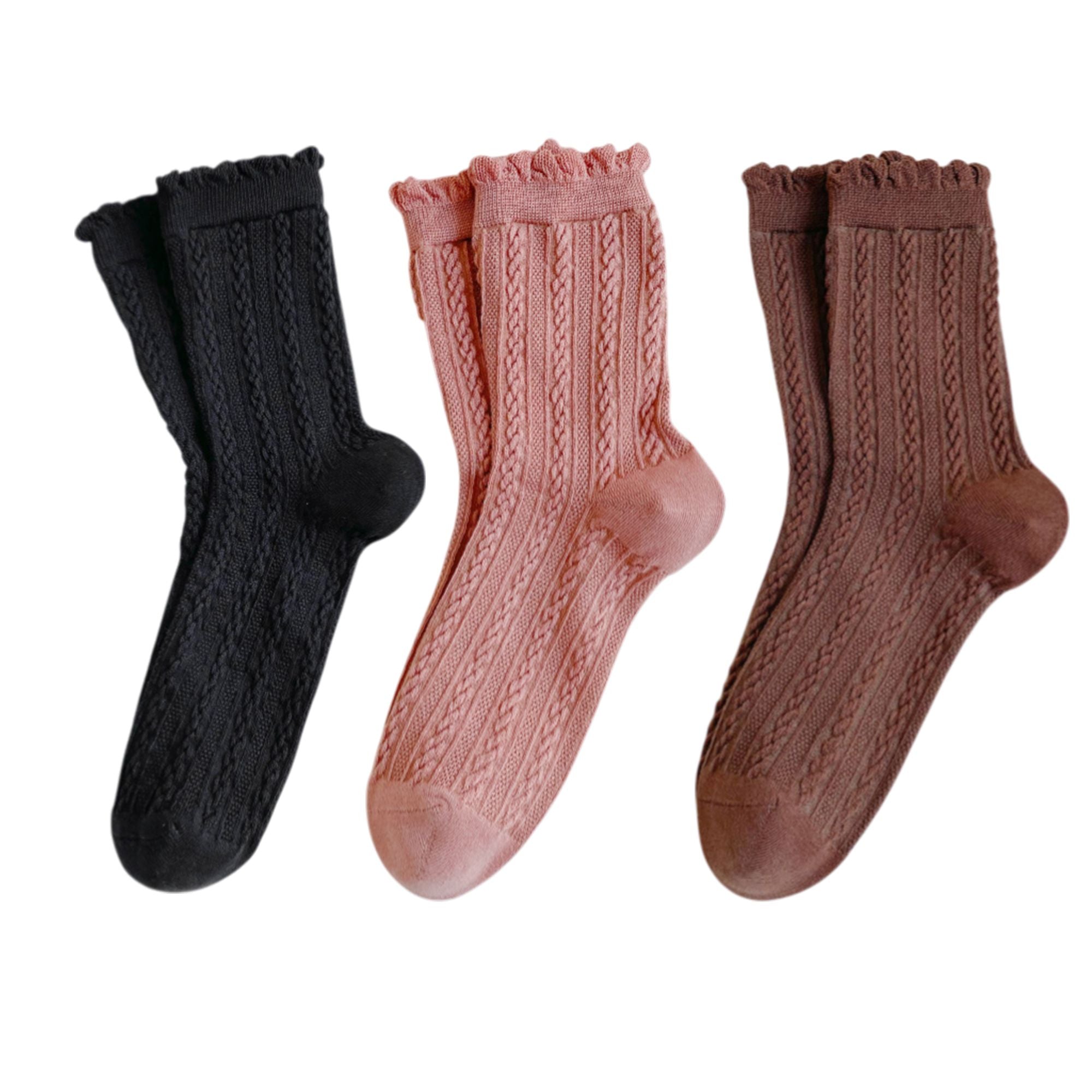 Anna-Kaci 3 Pairs Mid-Crew Cable Knit Socks with Ruffle Cuffs Soft Stretchy Vintage-Inspired Design