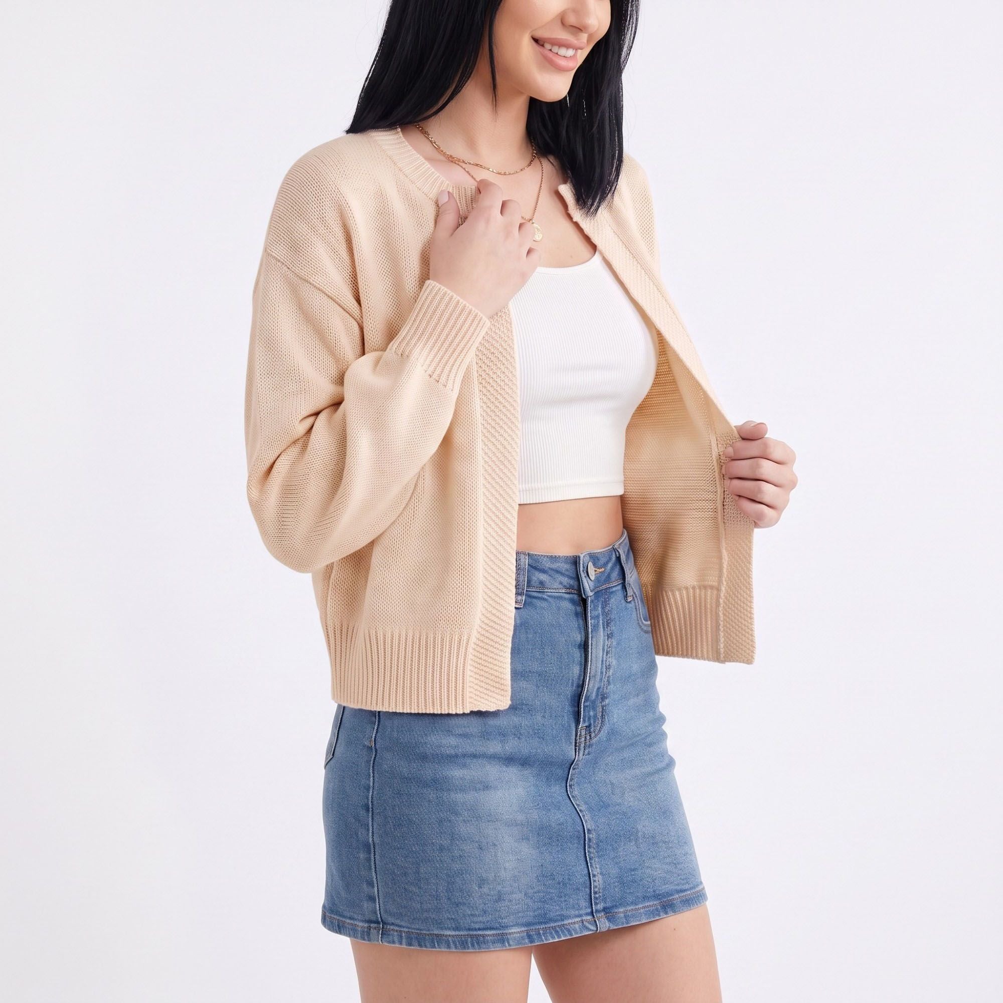 Open-Front Drop Shoulder Long Sleeve Knit Cardigan