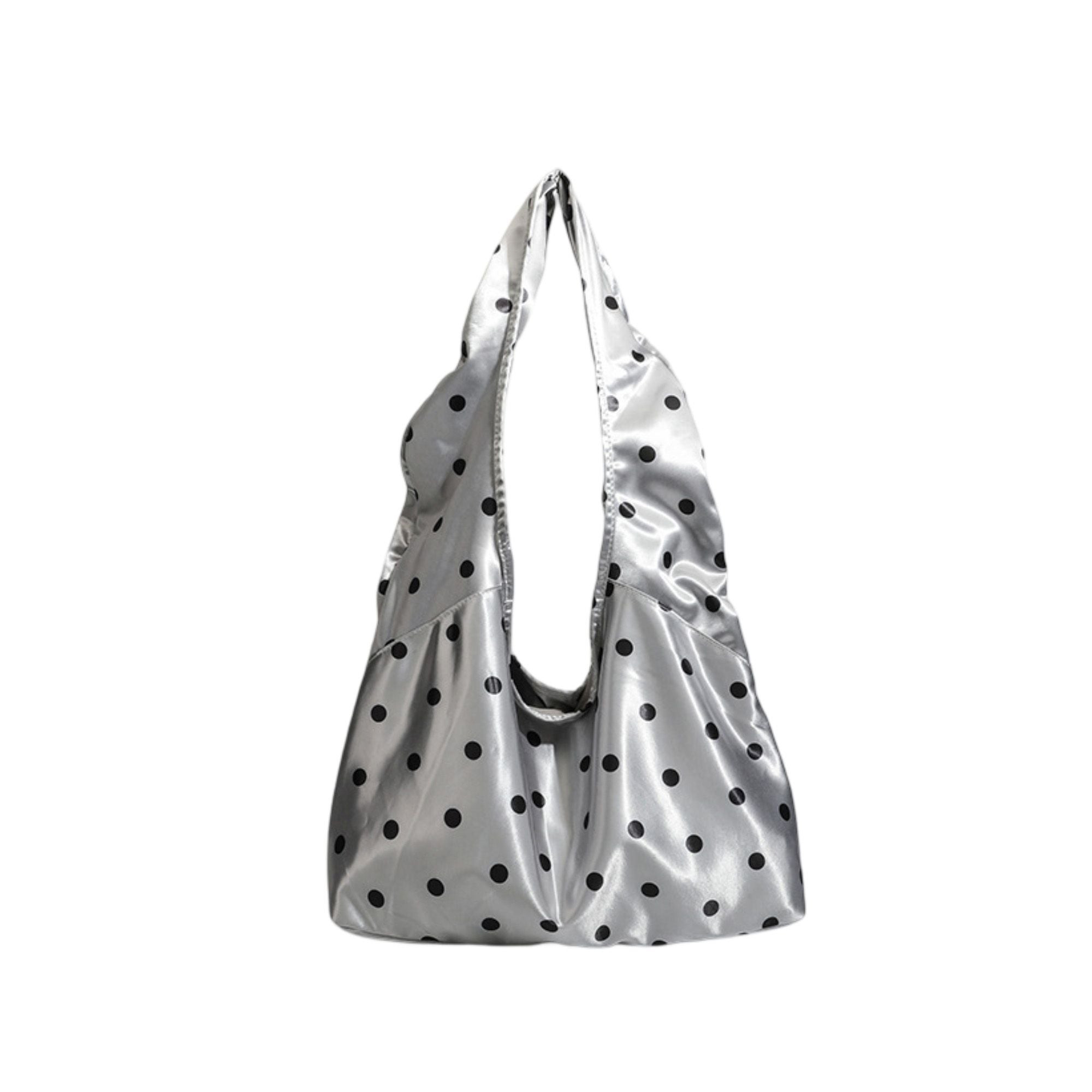 Silver Polka Dot Satin Tote Bag, Lightweight Slouchy Shoulder Bag for Women