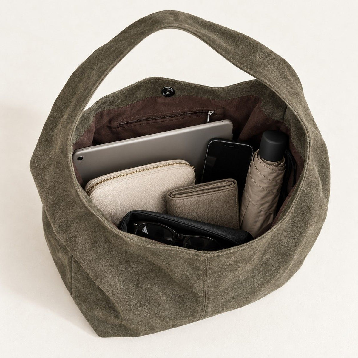 Large Faux Suede Hobo Shoulder Bag with Magnetic Closure and Interior Zip Pocket