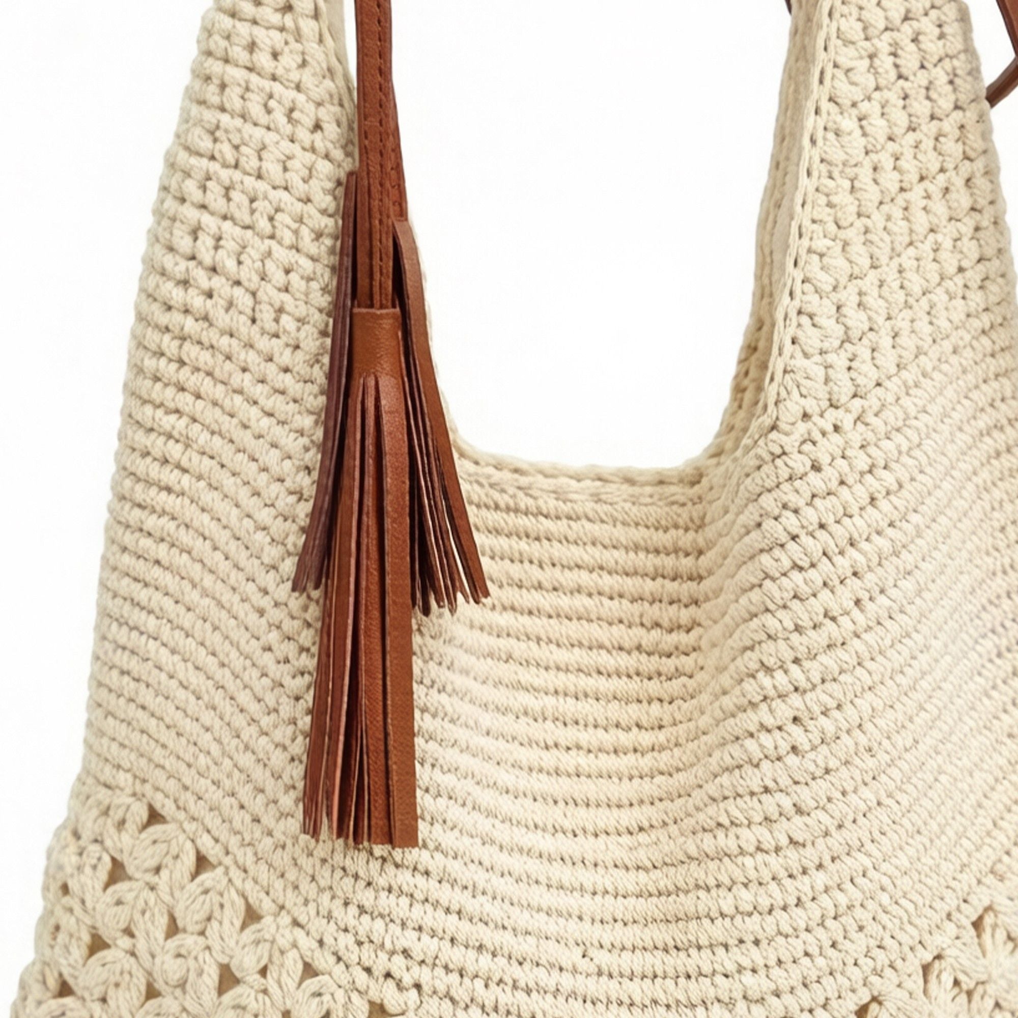 Crochet Hobo Shoulder Bag with Tassel Detail Adjustable Strap Slouchy Knit Handbag Lightweight Casual Tote
