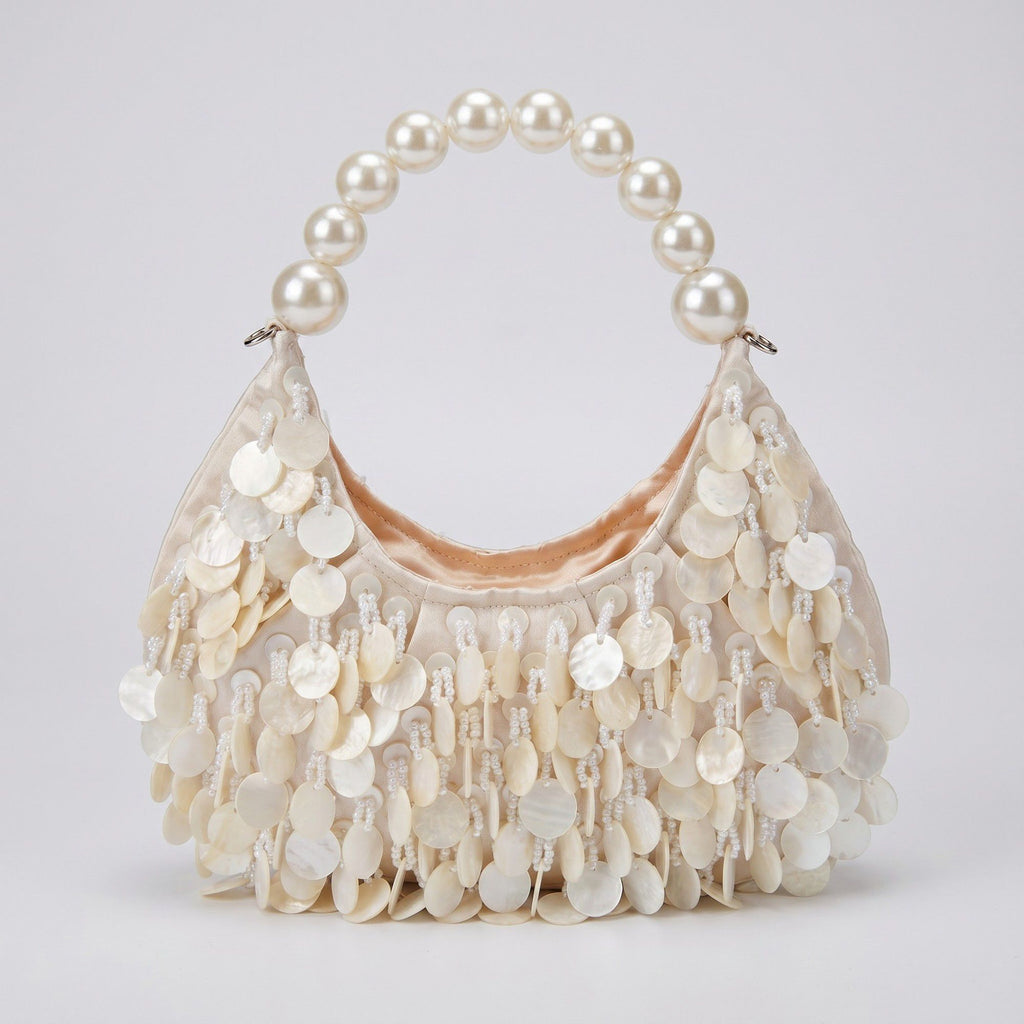 Shell Disc Embellished Shoulder Bag with Faux Pearl Handle Beaded Fringe Handbag 9.5x4.5x0.6 in
