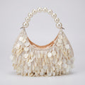 Shell Disc Embellished Shoulder Bag with Faux Pearl Handle Beaded Fringe Handbag 9.5x4.5x0.6 in