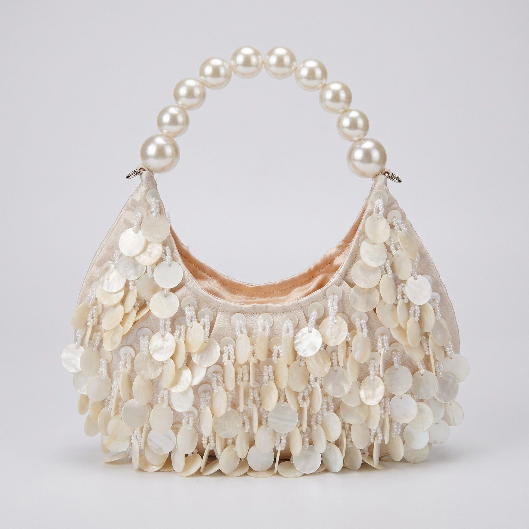 Shell Disc Embellished Shoulder Bag with Faux Pearl Handle Beaded Fringe Handbag 9.5x4.5x0.6 in