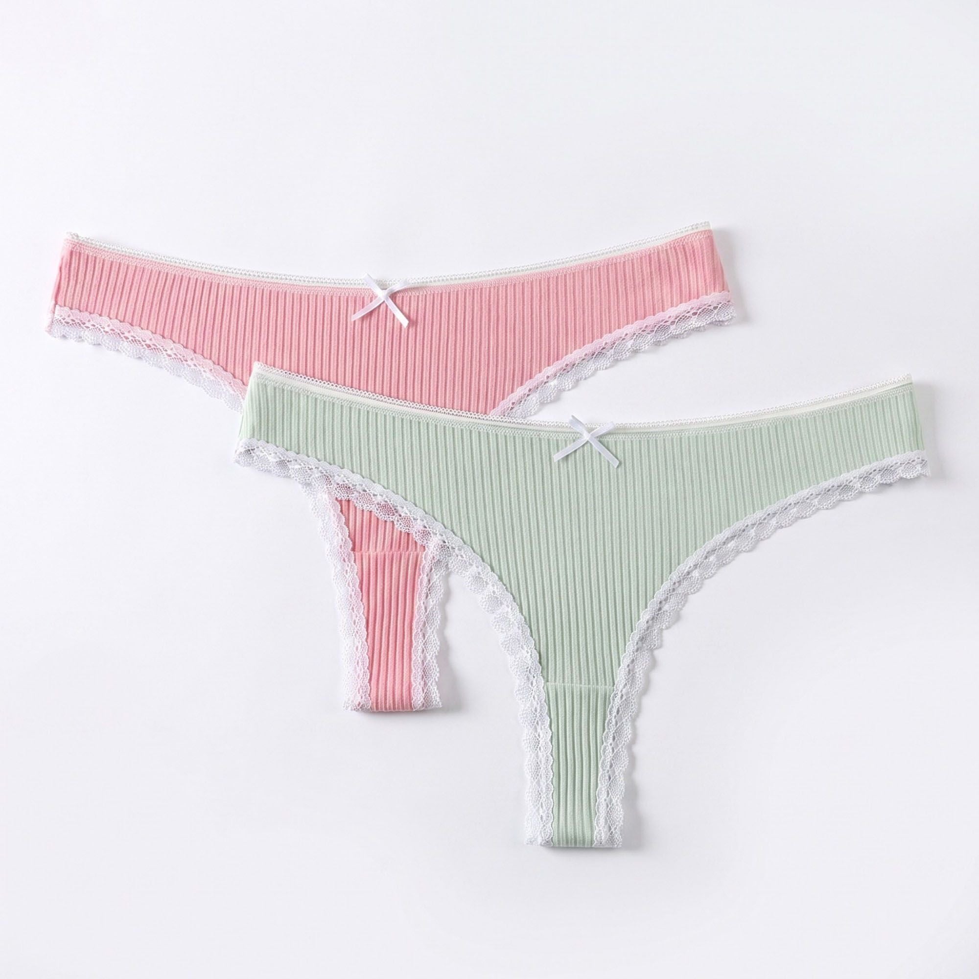 Anna-Kaci Womens 2 Pack Ribbed Lace Trim Thong Underwear