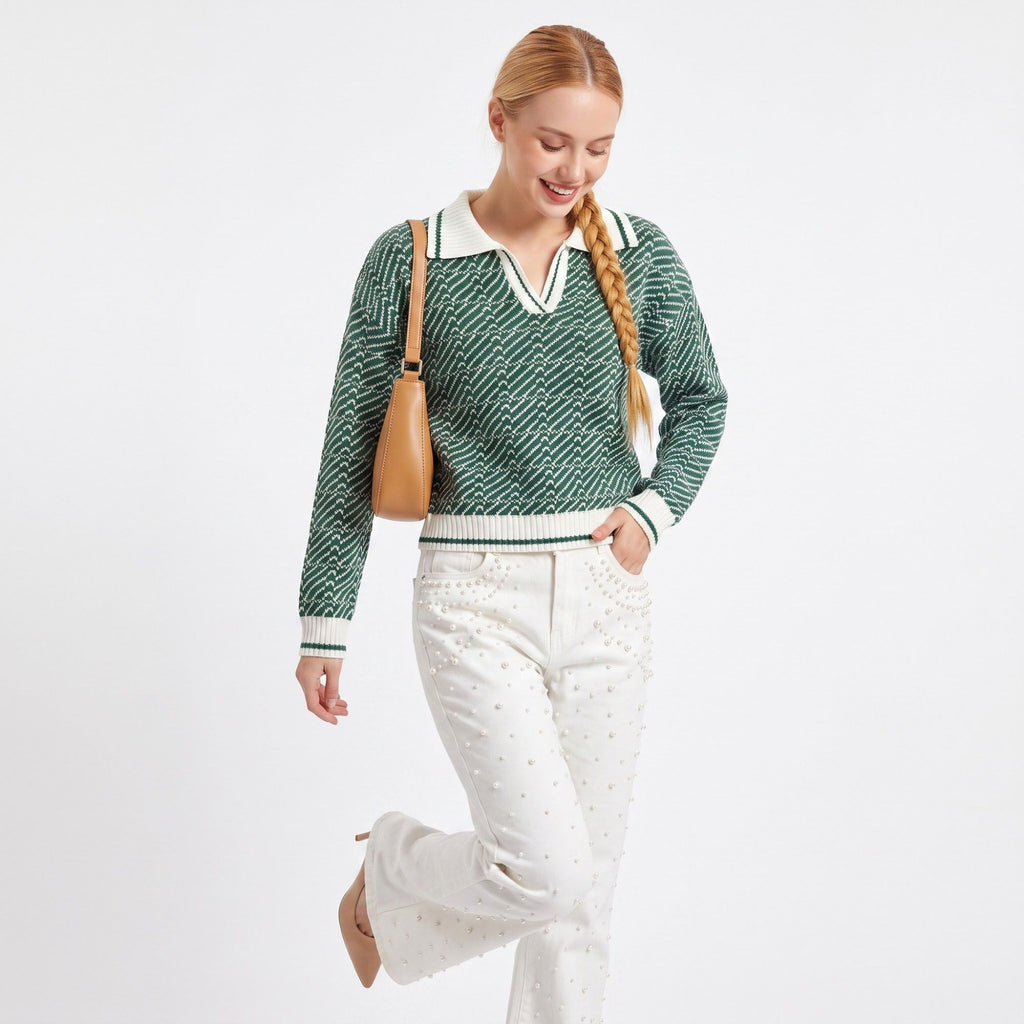 Geometric Knit Polo Collar Long Sleeve Sweater